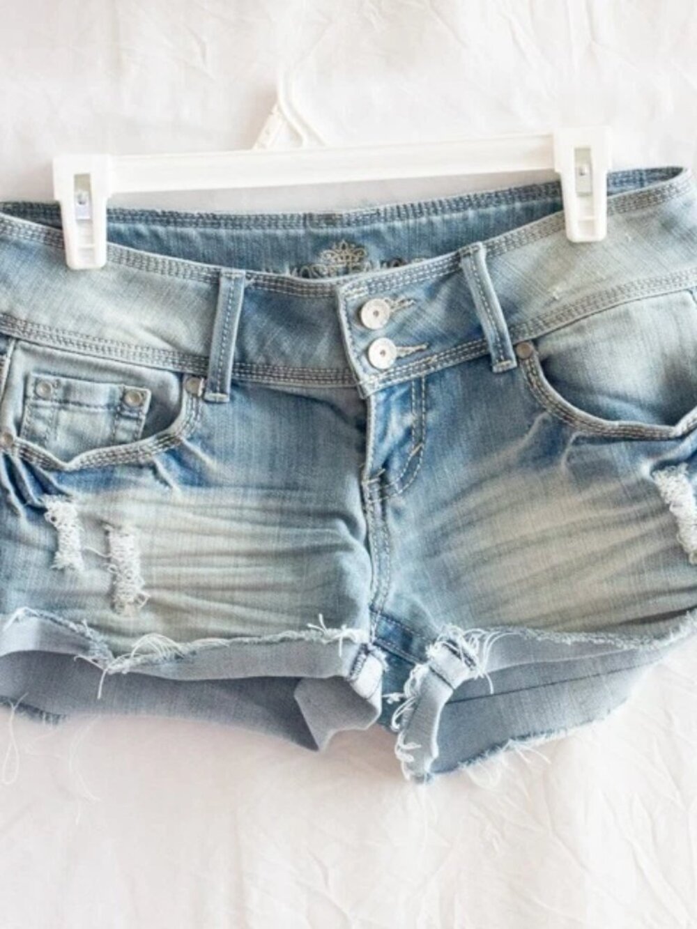 VGT Almost Famous Y2K Distressed Low Rise Denim Micro Shorts Double Button Sz 9